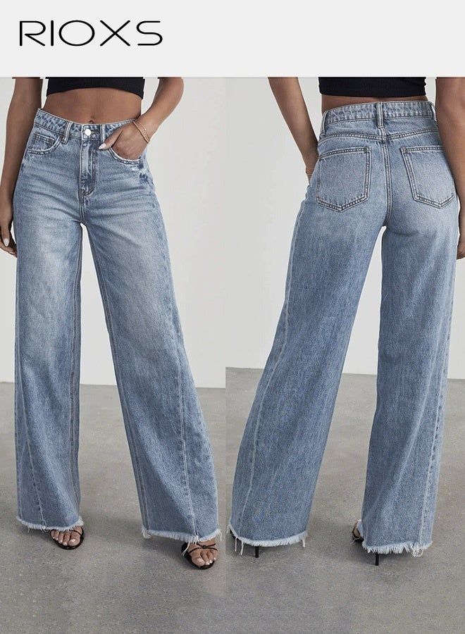 RIOXS Women's Wide Leg Denim Jeans, High Waisted 90s Vintage Denim Pants with Strechy Raw Hem and Pockets, Casual Straight Pants for Spring Autumn, for Streetwear Work Date Holiday Daily Wearing - Image 1