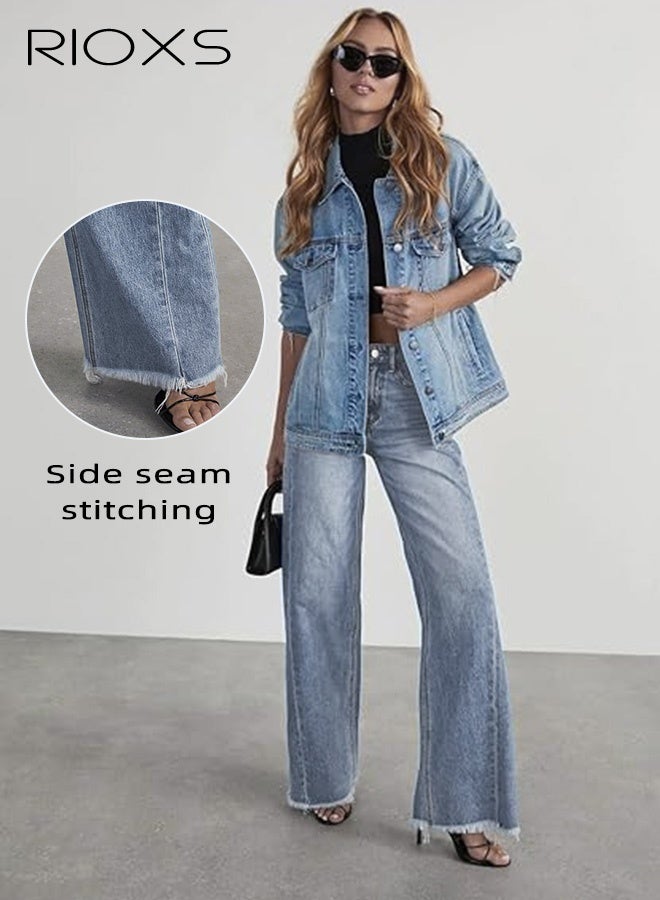 RIOXS Women's Wide Leg Denim Jeans, High Waisted 90s Vintage Denim Pants with Strechy Raw Hem and Pockets, Casual Straight Pants for Spring Autumn, for Streetwear Work Date Holiday Daily Wearing - Image 4