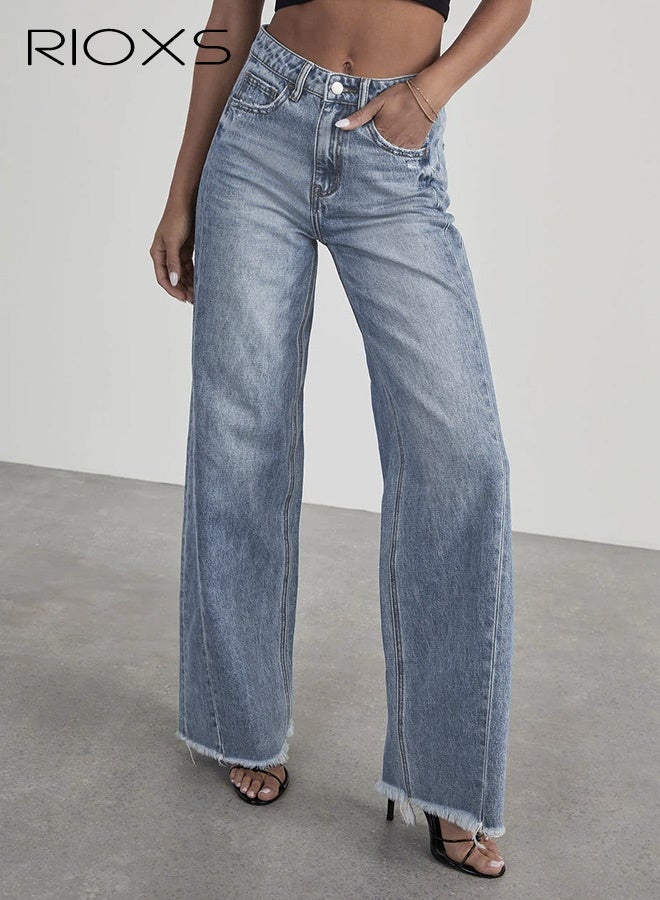 RIOXS Women's Wide Leg Denim Jeans, High Waisted 90s Vintage Denim Pants with Strechy Raw Hem and Pockets, Casual Straight Pants for Spring Autumn, for Streetwear Work Date Holiday Daily Wearing - Image 2