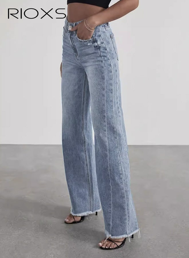 RIOXS Women's Wide Leg Denim Jeans, High Waisted 90s Vintage Denim Pants with Strechy Raw Hem and Pockets, Casual Straight Pants for Spring Autumn, for Streetwear Work Date Holiday Daily Wearing - Image 5