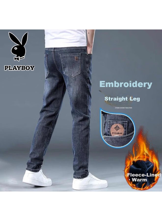 Playboy Men's Jeans Autumn Winter Fleece Lined Thickened Straight Leg Stretch Durable Casual Pants Black Grey Fleece Lined Size 31 - Image 1