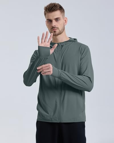 Locachy Men's UPF 50+ Sun Protection Outdoor Lightweight Full Zip Hoodie Jacket Long Sleeve Fishing Hiking Performance Shirt Grey Green XL - Image 3
