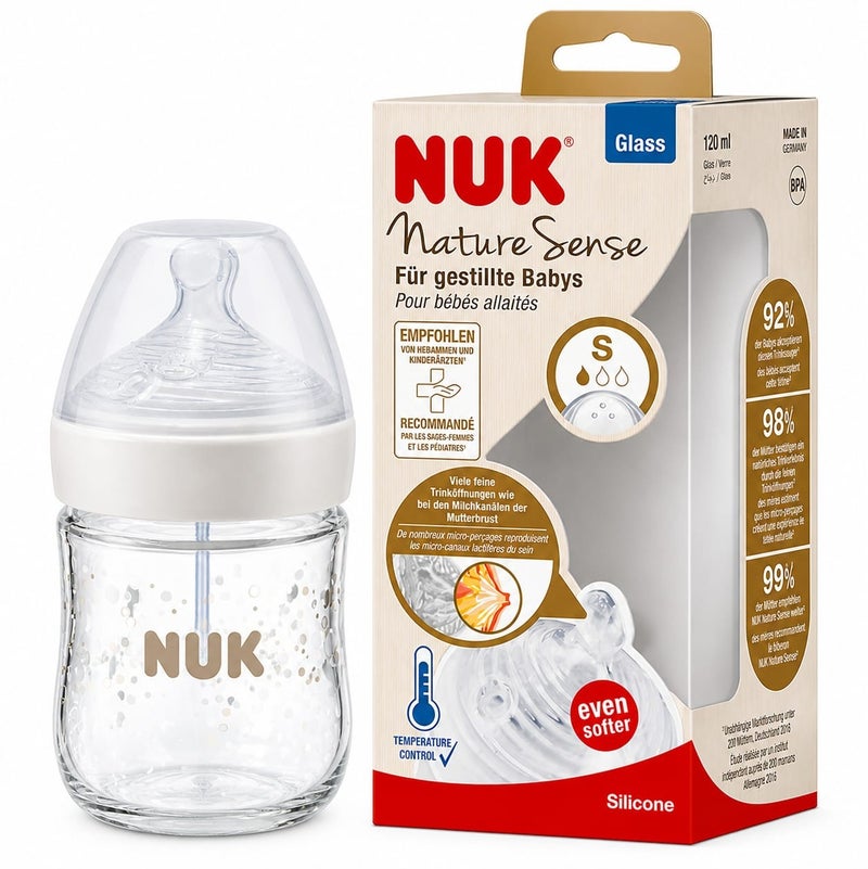 Glass Baby Bottle 120ml Nature Sense – Silicone Nipple Size S – Mimics Natural Breastfeeding – Temperature Control Indicator – BPA Free