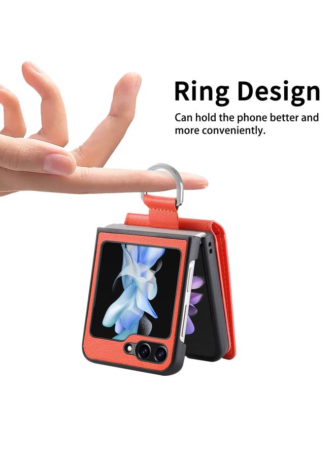اس-توب جراب لهاتف Samsung Galaxy Z Flip5 مصنوع من الجلد المزخرف بحلقة ومحفظة - Image 5