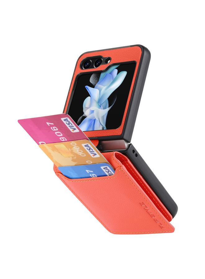 اس-توب جراب لهاتف Samsung Galaxy Z Flip5 مصنوع من الجلد المزخرف بحلقة ومحفظة - Image 4