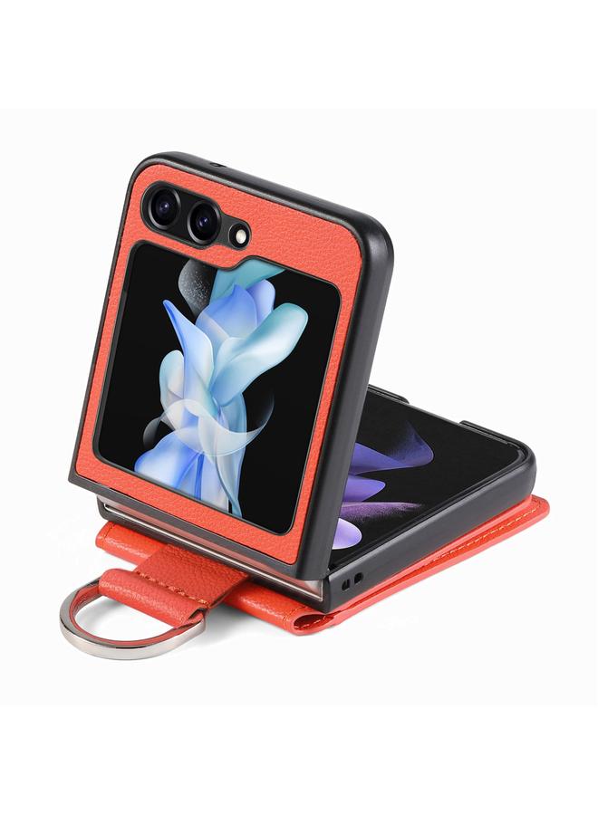اس-توب جراب لهاتف Samsung Galaxy Z Flip5 مصنوع من الجلد المزخرف بحلقة ومحفظة - Image 3