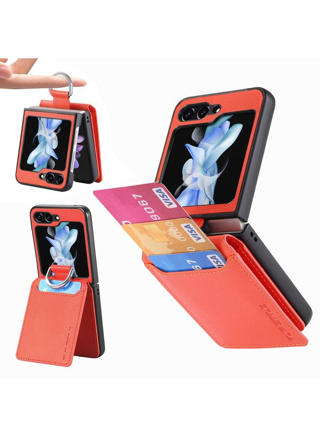 اس-توب جراب لهاتف Samsung Galaxy Z Flip5 مصنوع من الجلد المزخرف بحلقة ومحفظة - Image 1