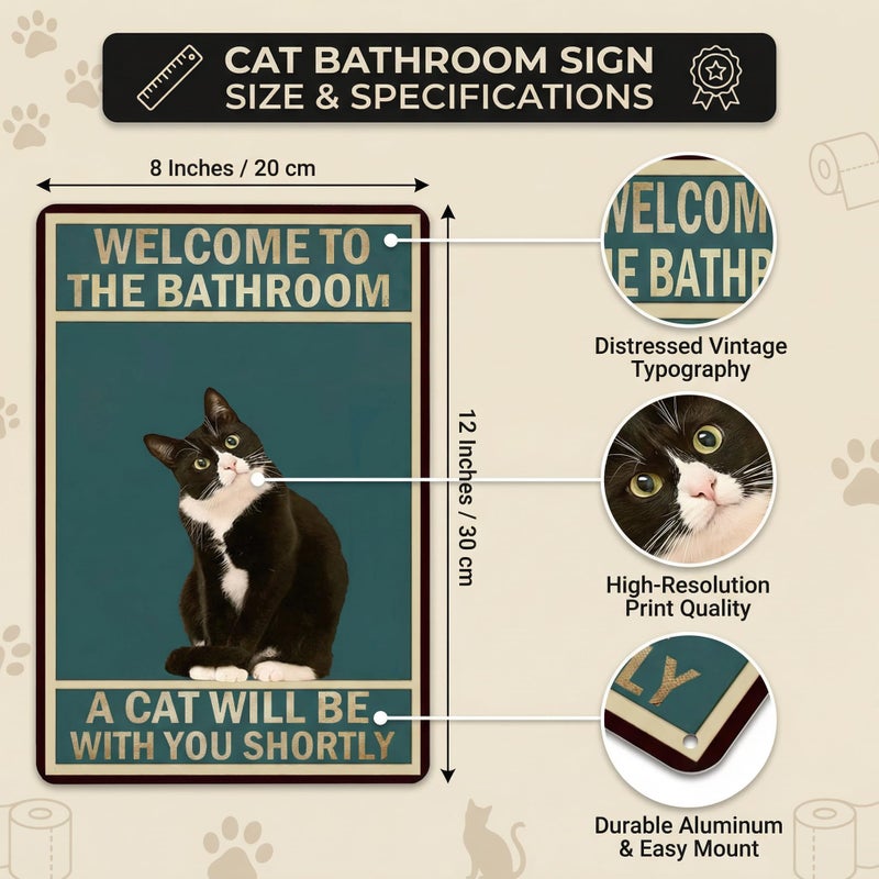 Funnysign Cat Lovers Gifts Welcome To The Bathroom A Cat Will Be with You Tin Sign for Bathroom Toilet Decor 8 X 12 Inch (3839) - Image 2