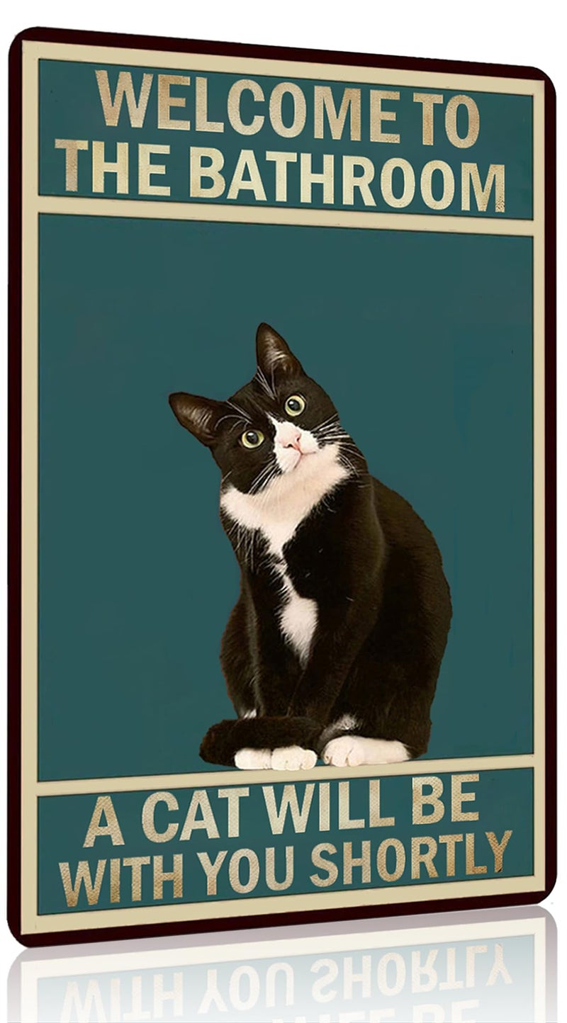 Funnysign Cat Lovers Gifts Welcome To The Bathroom A Cat Will Be with You Tin Sign for Bathroom Toilet Decor 8 X 12 Inch (3839) - Image 1