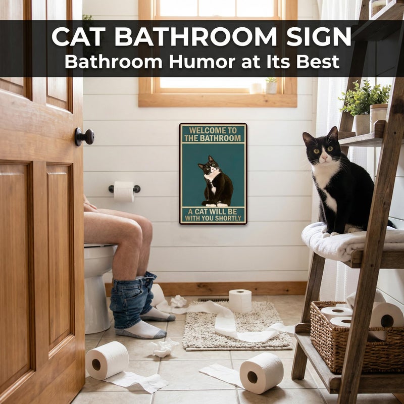 Funnysign Cat Lovers Gifts Welcome To The Bathroom A Cat Will Be with You Tin Sign for Bathroom Toilet Decor 8 X 12 Inch (3839) - Image 5