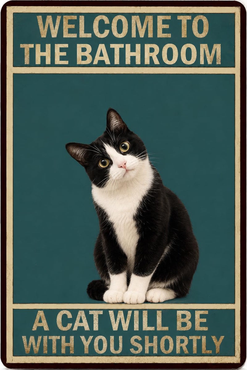 Funnysign Cat Lovers Gifts Welcome To The Bathroom A Cat Will Be with You Tin Sign for Bathroom Toilet Decor 8 X 12 Inch (3839) - Image 1
