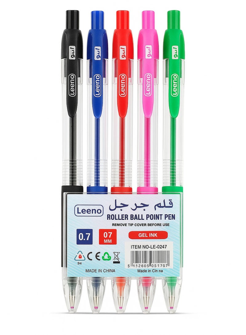 Leeno Roller Ball Point Pen Set – 5 Multicolor Gel Ink Pens, 0.7mm Smooth Writing, Perfect for School, Office & Home Use - Image 1