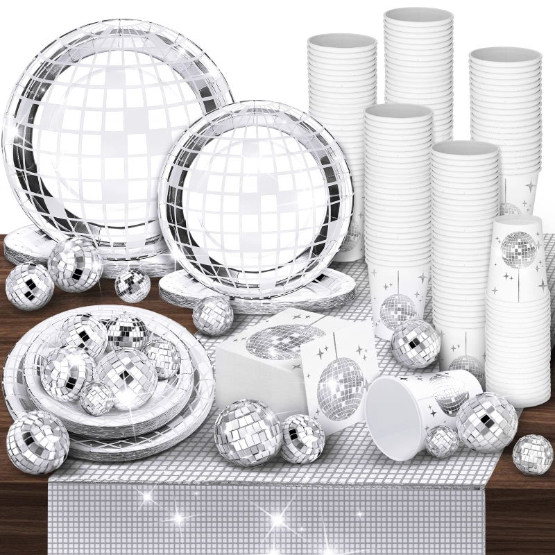 Marsui 121 Pcs 70s 80s Disco Ball Party Decorations Disposable Paper Plates Napkins Cups Bachelorette Silver Balls Tableware Set for Wedding Cocktail Birthday Dancing Queen PartySilver - Image 2