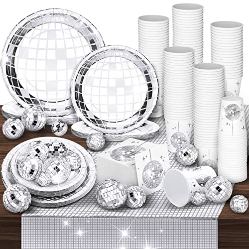 Marsui 121 Pcs 70s 80s Disco Ball Party Decorations Disposable Paper Plates Napkins Cups Bachelorette Silver Balls Tableware Set for Wedding Cocktail Birthday Dancing Queen PartySilver - Image 1