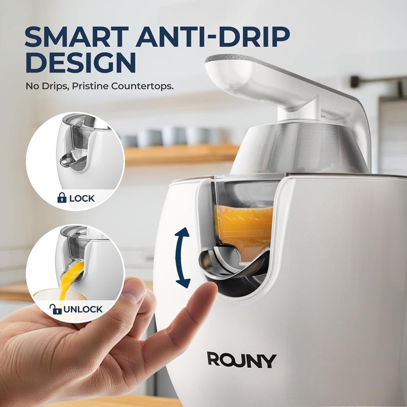 Rouny Electric Citrus Juicer Machine, 850W Easy Press Orange Juice Squeezer for Orange, Lemon, Lime, and Grapefruit, with Two Interchangeable Cones, BPA Free, White - Image 5