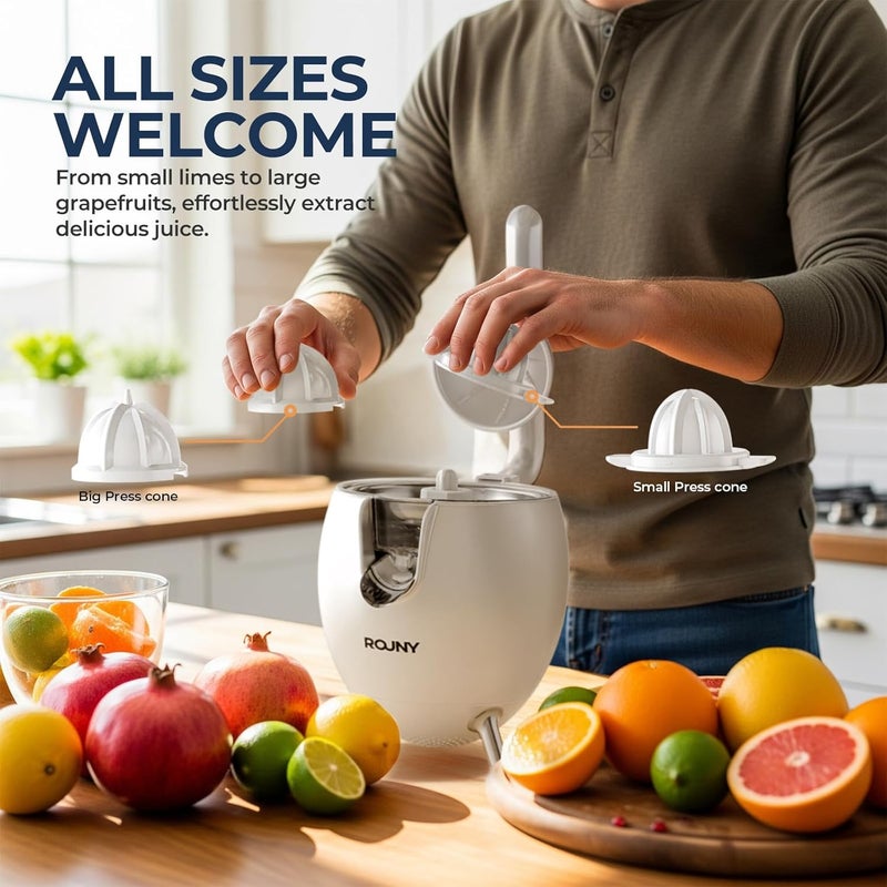 Rouny Electric Citrus Juicer Machine, 850W Easy Press Orange Juice Squeezer for Orange, Lemon, Lime, and Grapefruit, with Two Interchangeable Cones, BPA Free, White - Image 3