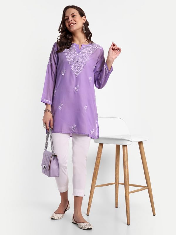 Ada Hand Embroidered Lucknowi Chikankari Cotton Straight Short Kurti Top for Women A911343 Lavender (M) - Image 4