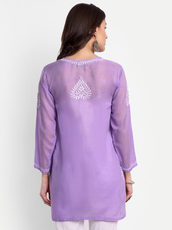 Ada Hand Embroidered Lucknowi Chikankari Cotton Straight Short Kurti Top for Women A911343 Lavender (M) - Image 2