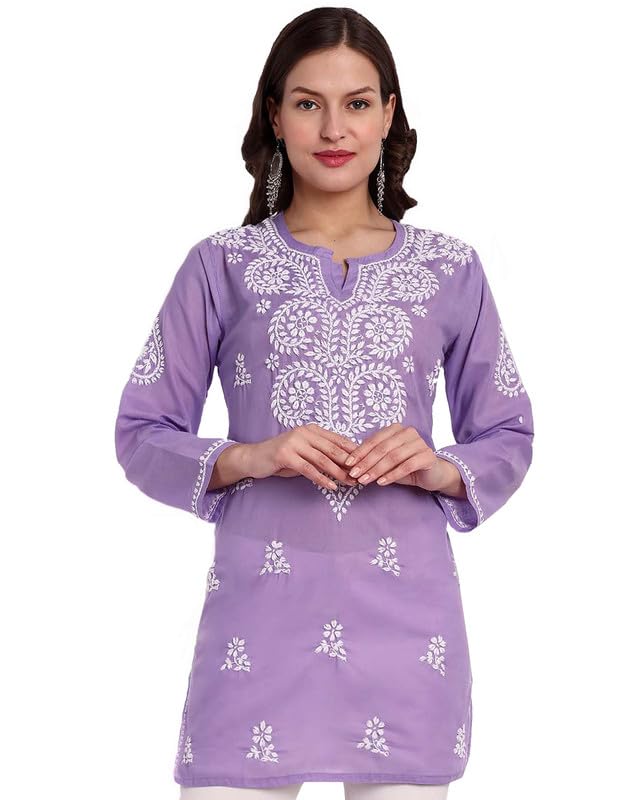 Ada Hand Embroidered Lucknowi Chikankari Cotton Straight Short Kurti Top for Women A911343 Lavender (M) - Image 1