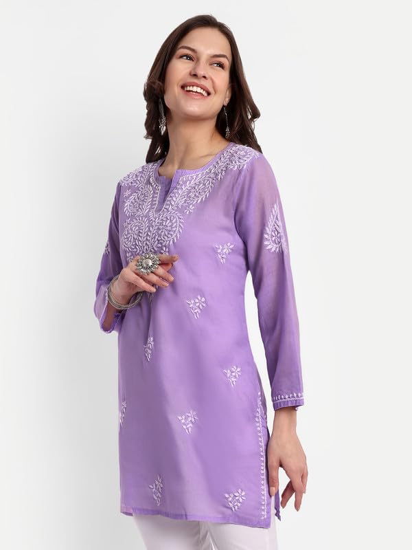 Ada Hand Embroidered Lucknowi Chikankari Cotton Straight Short Kurti Top for Women A911343 Lavender (M) - Image 5
