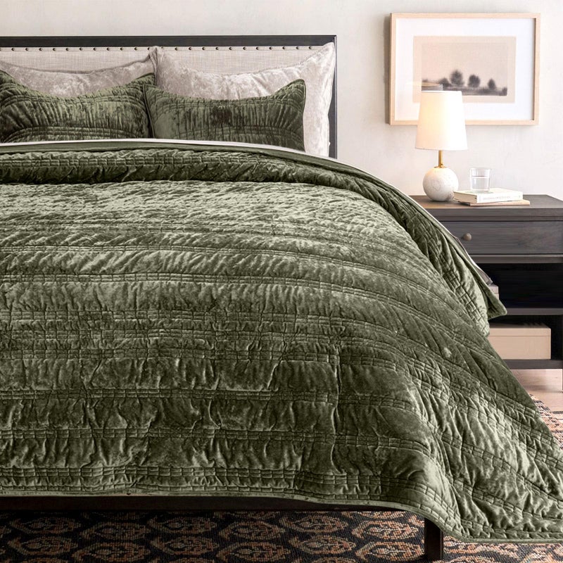 EVERGRACE Luxury Ruched Velvet Quilt King Size, Ultra Soft Bedspread Coverlet Set, Lightweight Velvet Comforter, Quilted Bedding Cover with 2 Matching Shams for All Season, Olive Green - Image 2