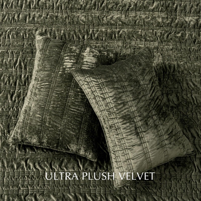 EVERGRACE Luxury Ruched Velvet Quilt King Size, Ultra Soft Bedspread Coverlet Set, Lightweight Velvet Comforter, Quilted Bedding Cover with 2 Matching Shams for All Season, Olive Green - Image 5