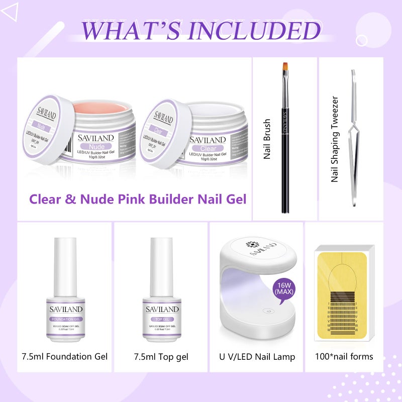 SAVILAND Builder Nail Gel Set - 2 Basic Colors Nail Extension Kit with Foundation Gel Top Gels LED Lamp Brush 100 Pcs Nails Forms at Home Salon - Image 2