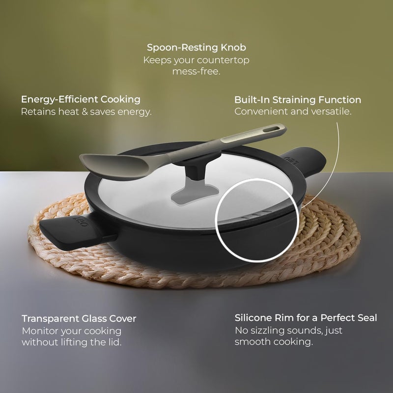Berghoff قدر طهي غير لاصق من الألمنيوم المعاد تدويره 28 سم مع غطاء زجاجي مقوى | طلاء سيراميك سيراغرين | خالي من PTFE و PFAS | جاهز للحرارة، وغسالة الصحون | أسود | ضمان 5 سنوات - Image 4