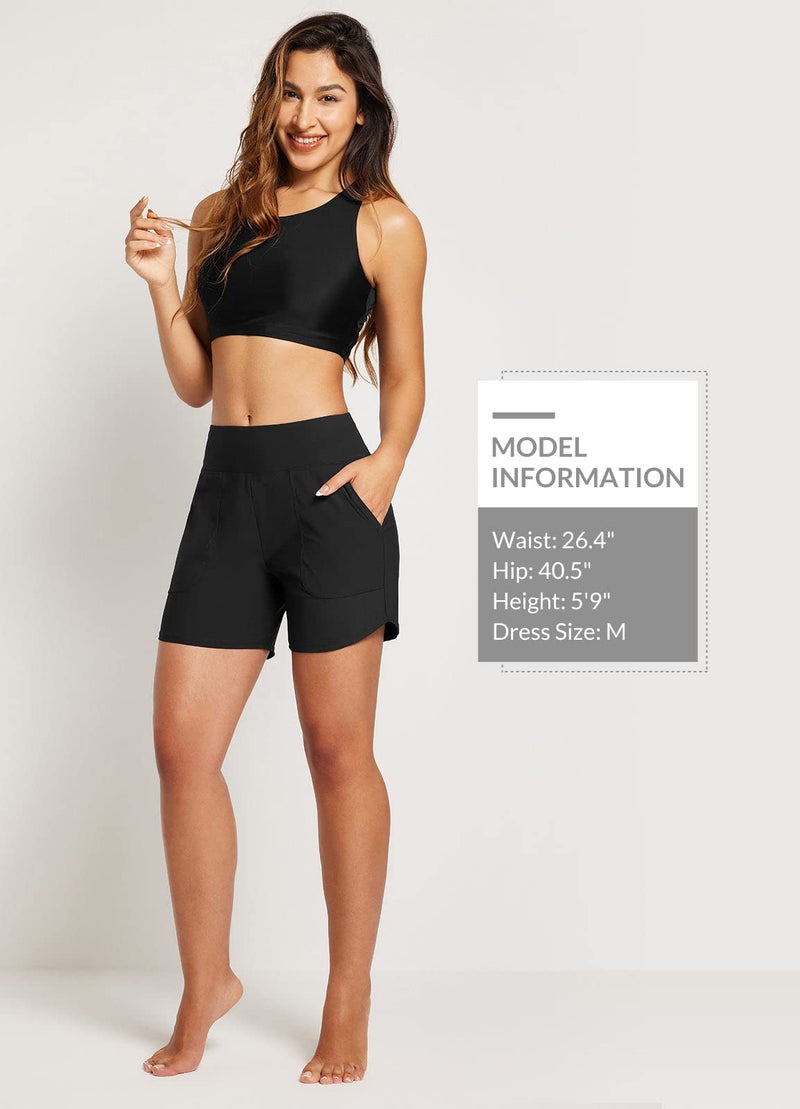 baleaf Women's Swim Shorts Tummy Control Modest Swimsuits Bathing Suit Bottoms 5" Board Shorts Beach Trunks with Pockets Black M - Image 2