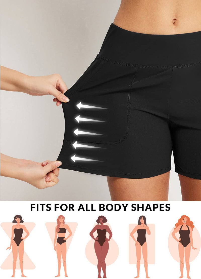 baleaf Women's Swim Shorts Tummy Control Modest Swimsuits Bathing Suit Bottoms 5" Board Shorts Beach Trunks with Pockets Black M - Image 3