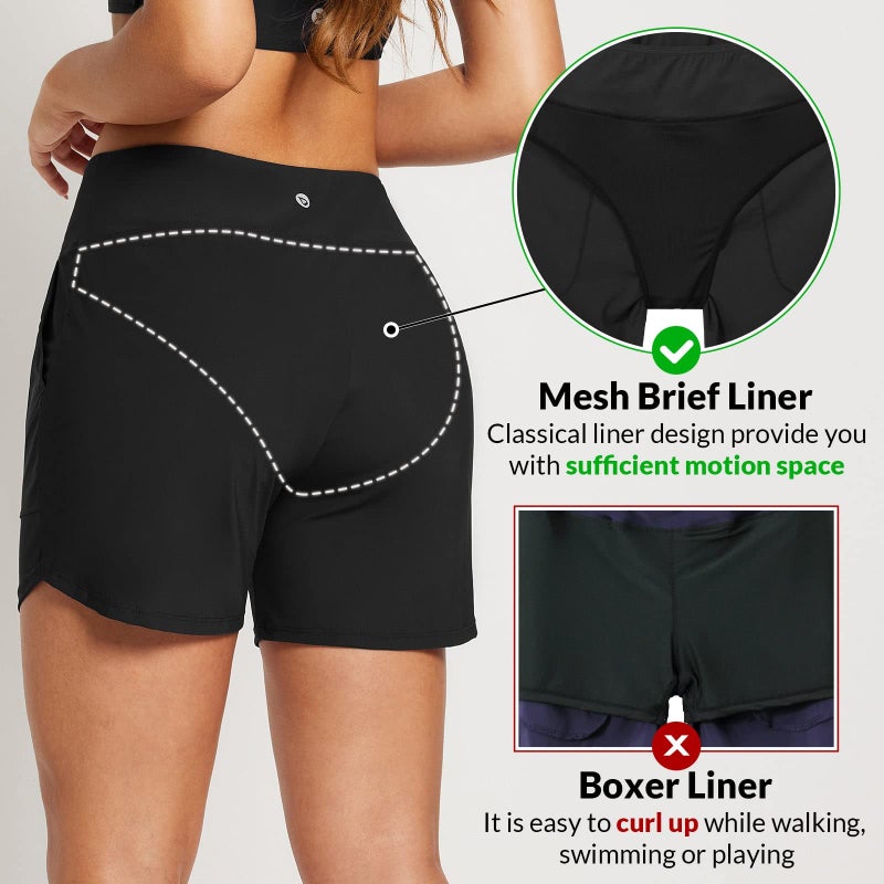 baleaf Women's Swim Shorts Tummy Control Modest Swimsuits Bathing Suit Bottoms 5" Board Shorts Beach Trunks with Pockets Black M - Image 5
