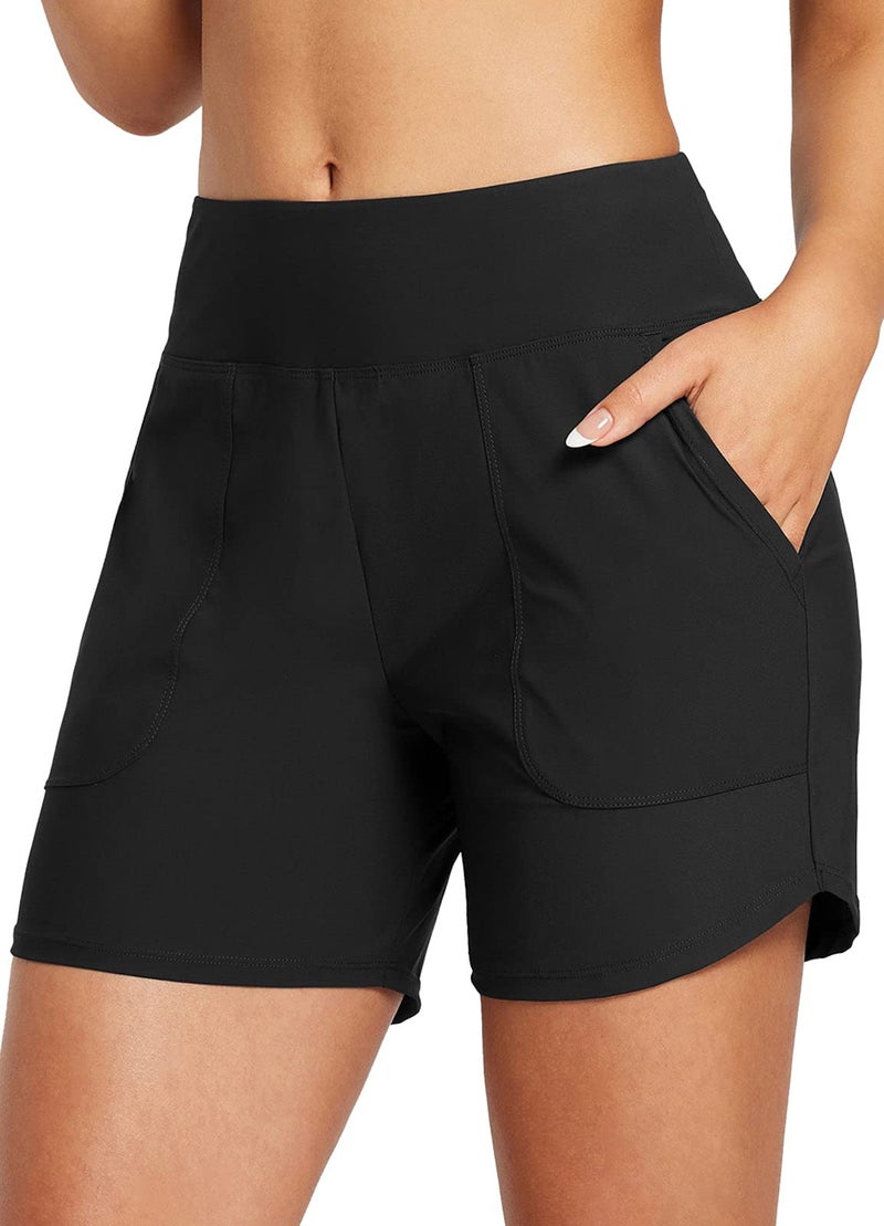 baleaf Women's Swim Shorts Tummy Control Modest Swimsuits Bathing Suit Bottoms 5" Board Shorts Beach Trunks with Pockets Black M - Image 1