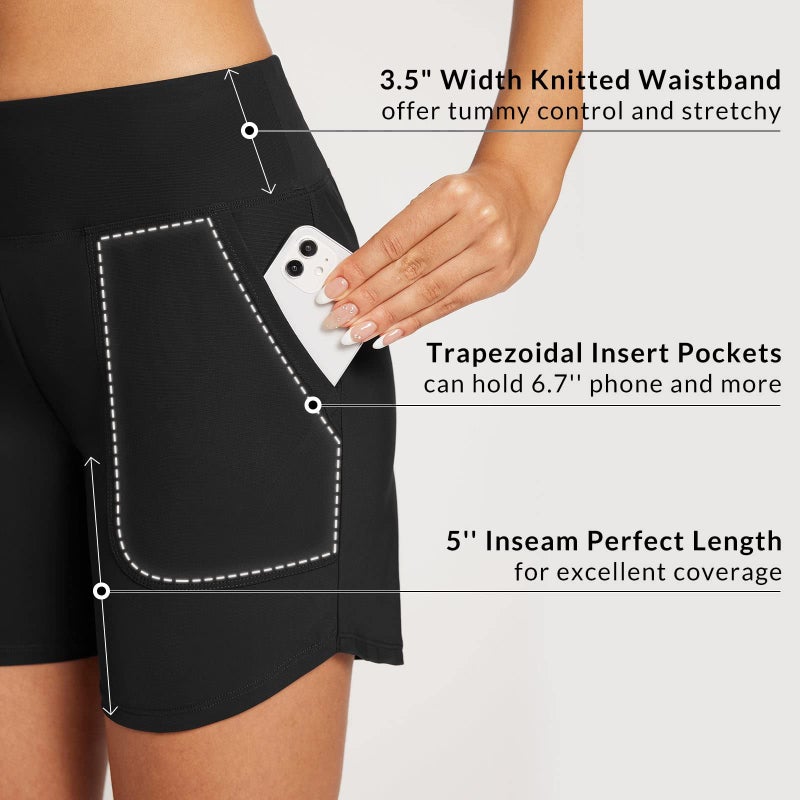 baleaf Women's Swim Shorts Tummy Control Modest Swimsuits Bathing Suit Bottoms 5" Board Shorts Beach Trunks with Pockets Black M - Image 4