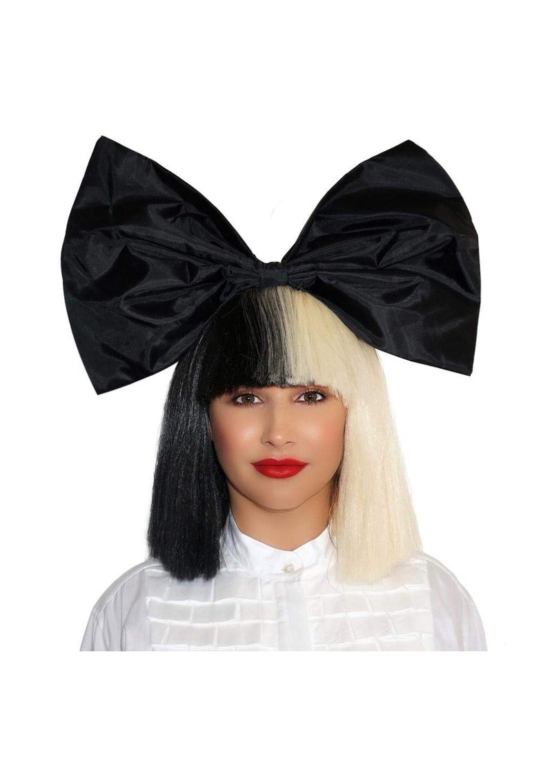pureluca - OFFICIALLY LICENSED Sia Costume Cosplay Wig Half Blonde Black 2 Tone Color Short Straight Bob Wig Synthetic Full Wigs with Big Bow Sia Style Wigs for Women Girls - Image 1