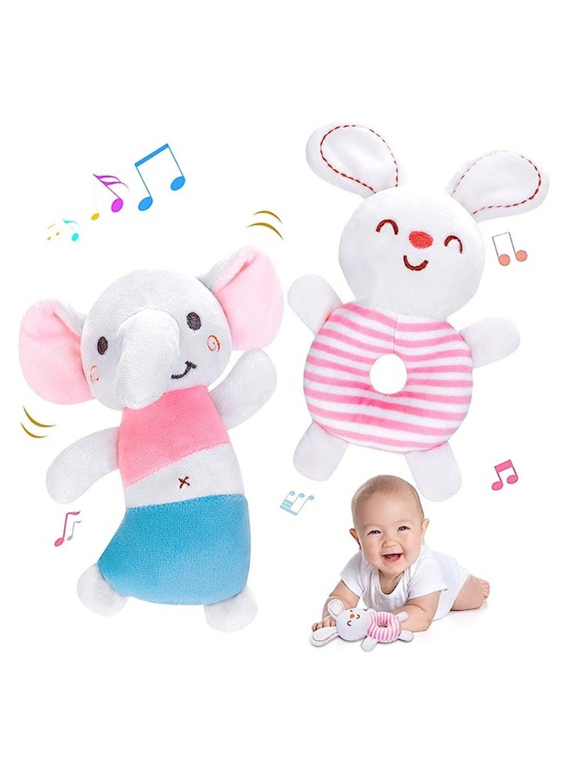 Baby Rattle Toys, 2Pcs Sensory Plush Toy, Toy for 0-6 Months Newborn, Soft Rattles Ring Toy for Infant Shower Gift (Elephant/Bunny)  - Image 1