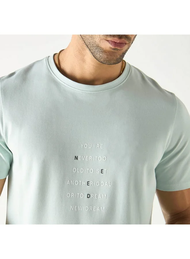 ايكونيك Iconic Slogan Print Crew Neck T-shirt with Short Sleeves