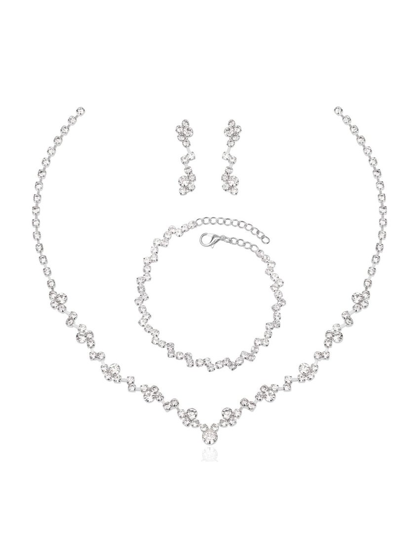 Excefore Necklace Earrings Bracelet Set, Crystal Bridal Wedding, Jewelry Sets for Brides Bridesmaid Prom, Costume Accessories for Women (Sliver) - Image 1