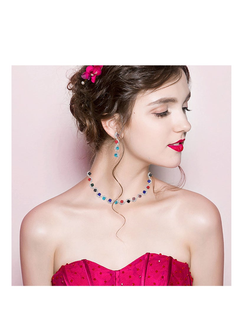 Excefore Necklace Earrings Bracelet Set, Crystal Bridal Wedding, Jewelry Sets for Brides Bridesmaid Prom, Costume Accessories for Women (Sliver) - Image 2