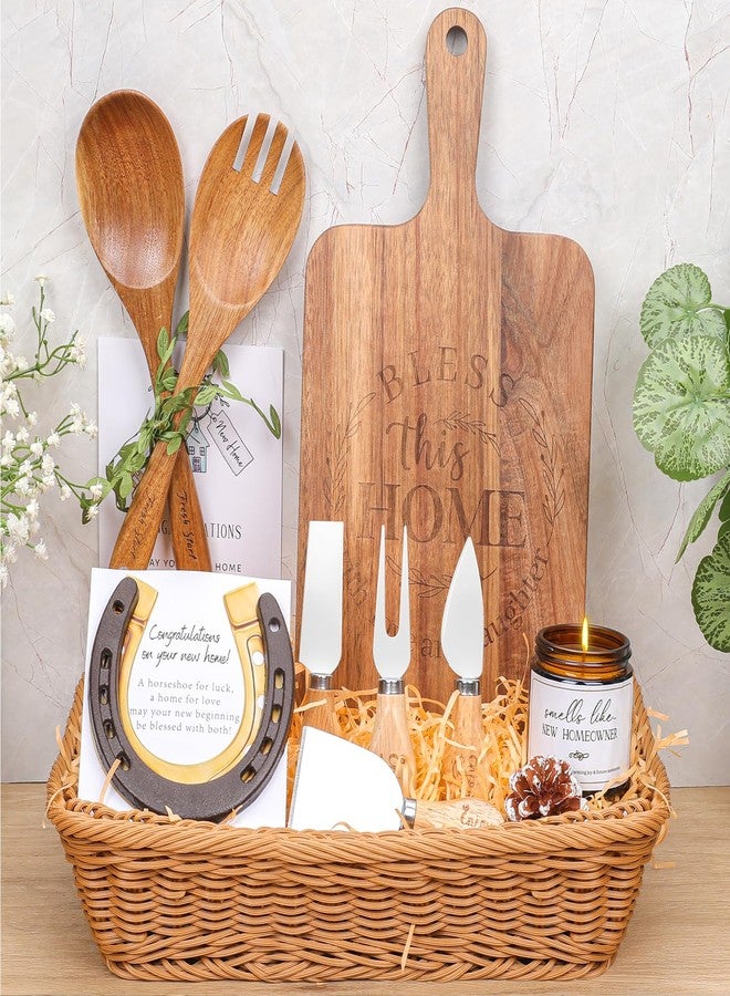 pengtai House Warming Gifts New Home,Acacia Wood Cheese Board Set, Candle, Salad Spoon & Fork, Horseshoe, Cheese Knives, Rattan Basket,Gifts for Home Buyers, First Home Gift Ideas, New Apartment - Image 1