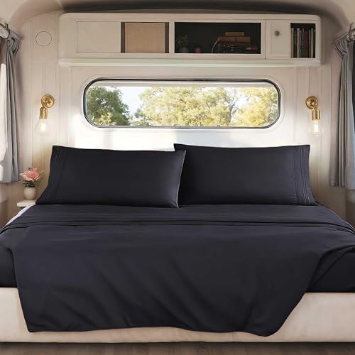 Nestl Black Short Queen Sheets for RV, Hotel Luxury RV Queen Sheets Set, 4 Piece Fitted Bed Sheet Set and Pillowcases, Super Soft, Wrinkle-Free, and Breathable Camper Bedding - Image 1