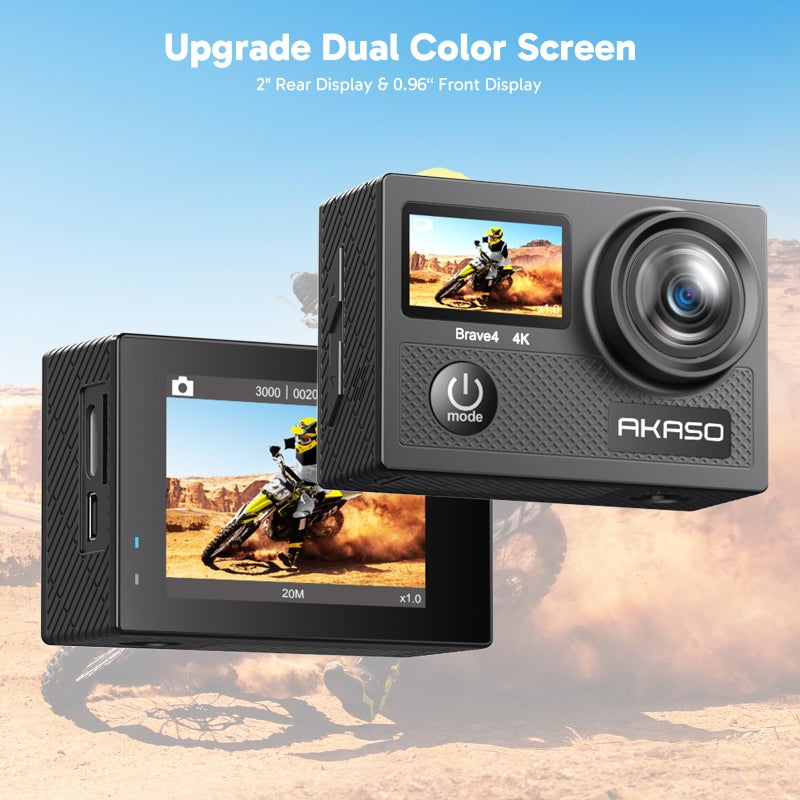 Akaso كاميرا أكاسو براف 4 الرياضية 4K 30fps مع بطاقة MicroSDXC سعة 128GB 20MP عالية الدقة مقاومة للماء حتى عمق 131 قدم كاميرا تحت الماء EIS تحكم عن بعد WiFi 5X زوم كاميرات رياضية مع مجموعة ملحقات الدراجة - Image 2