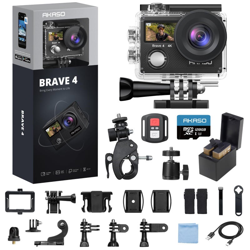 Akaso كاميرا أكاسو براف 4 الرياضية 4K 30fps مع بطاقة MicroSDXC سعة 128GB 20MP عالية الدقة مقاومة للماء حتى عمق 131 قدم كاميرا تحت الماء EIS تحكم عن بعد WiFi 5X زوم كاميرات رياضية مع مجموعة ملحقات الدراجة - Image 1