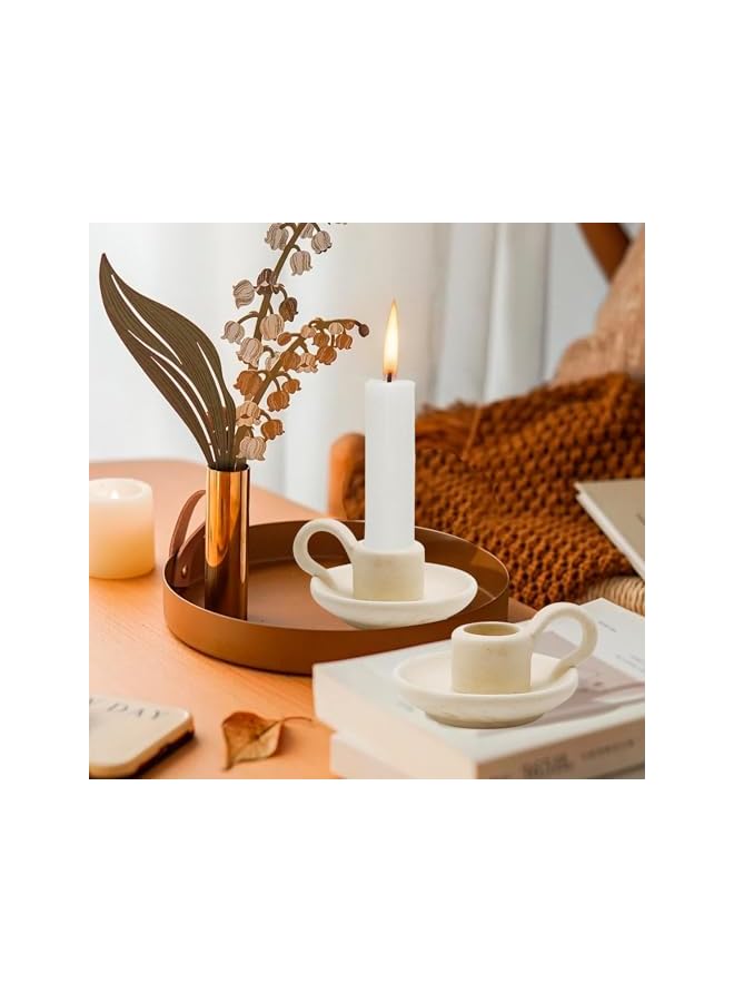 The Bros 2 Pcs Ceramic Candle Holder, Taper Candle Holder with Handle Simple Ambiance Nordic Style Stand Desktop Ornament, Candlestick Holder for Halloween Home Decoration Desktop Ornament (Beige) - Image 3