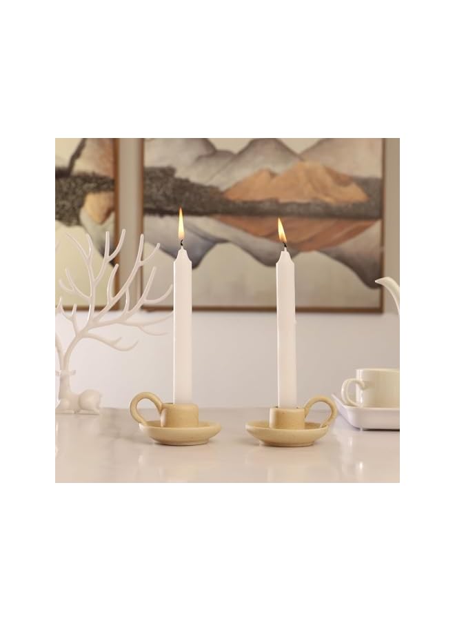 The Bros 2 Pcs Ceramic Candle Holder, Taper Candle Holder with Handle Simple Ambiance Nordic Style Stand Desktop Ornament, Candlestick Holder for Halloween Home Decoration Desktop Ornament (Beige) - Image 2