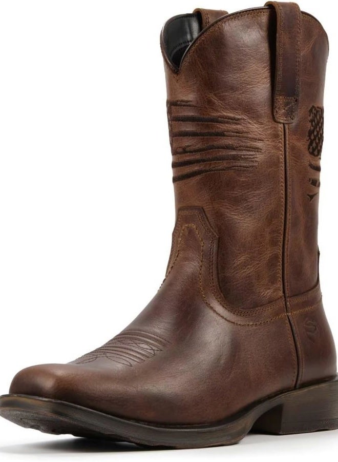 SUREWAY Men's 10 inch Western Cowboy Work Boots for Men Square Toe,Premium Full Grain Leather,Goodyear Welted,Superior Oil/Slip/Water Resistant, Soft Toe Distressed Brown, 10.5 - Image 1