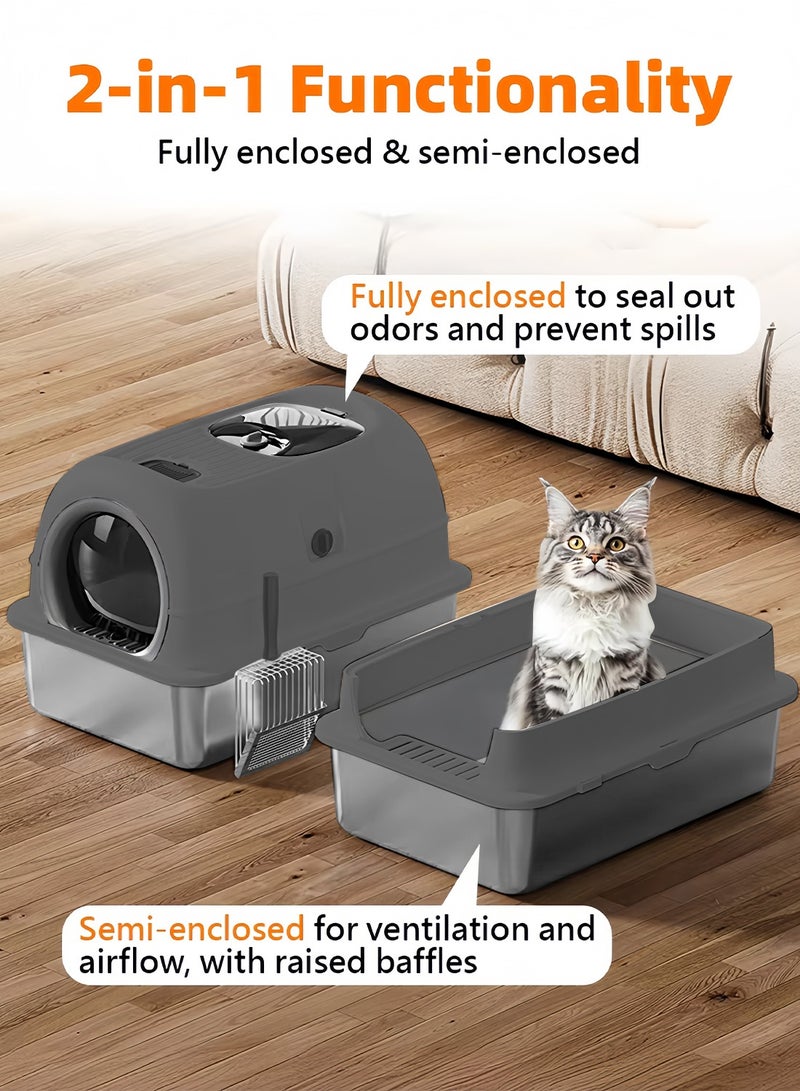 كيدل صندوق القمامة القط من الفولاذ المقاوم للصدأ مع خطوات ومسكوب عالية الجوانب صندوق القمامة القط المعدنية مع غطاء سهل التنظيف غير اللاصقة ومكافحة التسرب - Image 5