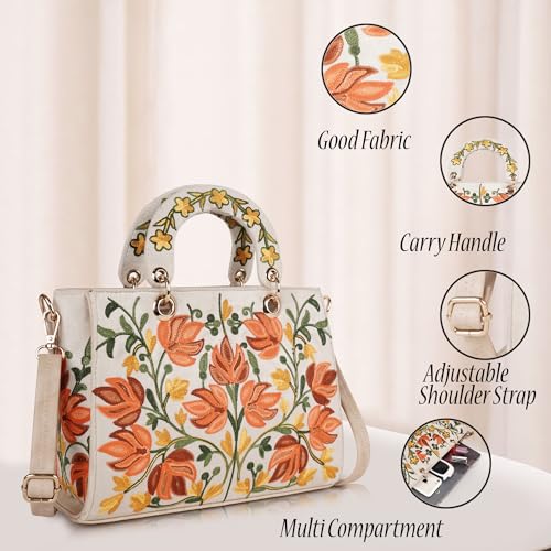 EVEDA Synthetic Leather Gorgeous Embroidery Stylish Design Shoulder Crossbody Hobo Women Handbag (Cream) - Image 2