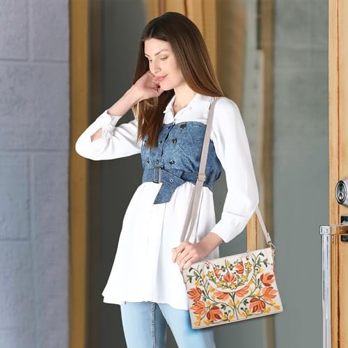EVEDA Synthetic Leather Gorgeous Embroidery Stylish Design Shoulder Crossbody Hobo Women Handbag (Cream) - Image 5