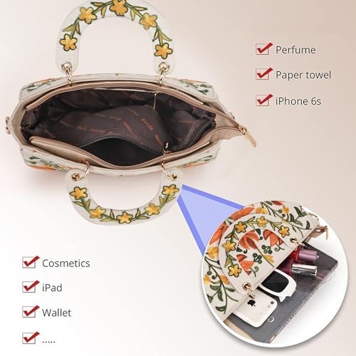 EVEDA Synthetic Leather Gorgeous Embroidery Stylish Design Shoulder Crossbody Hobo Women Handbag (Cream) - Image 4