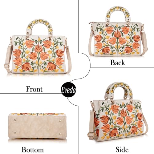EVEDA Synthetic Leather Gorgeous Embroidery Stylish Design Shoulder Crossbody Hobo Women Handbag (Cream) - Image 3